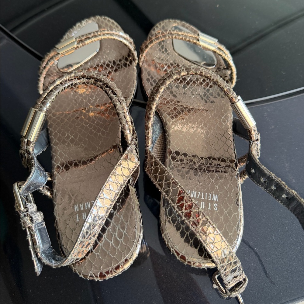 Stuart Weitzman Rolldown Metallic Micro-Wedge San… - image 3